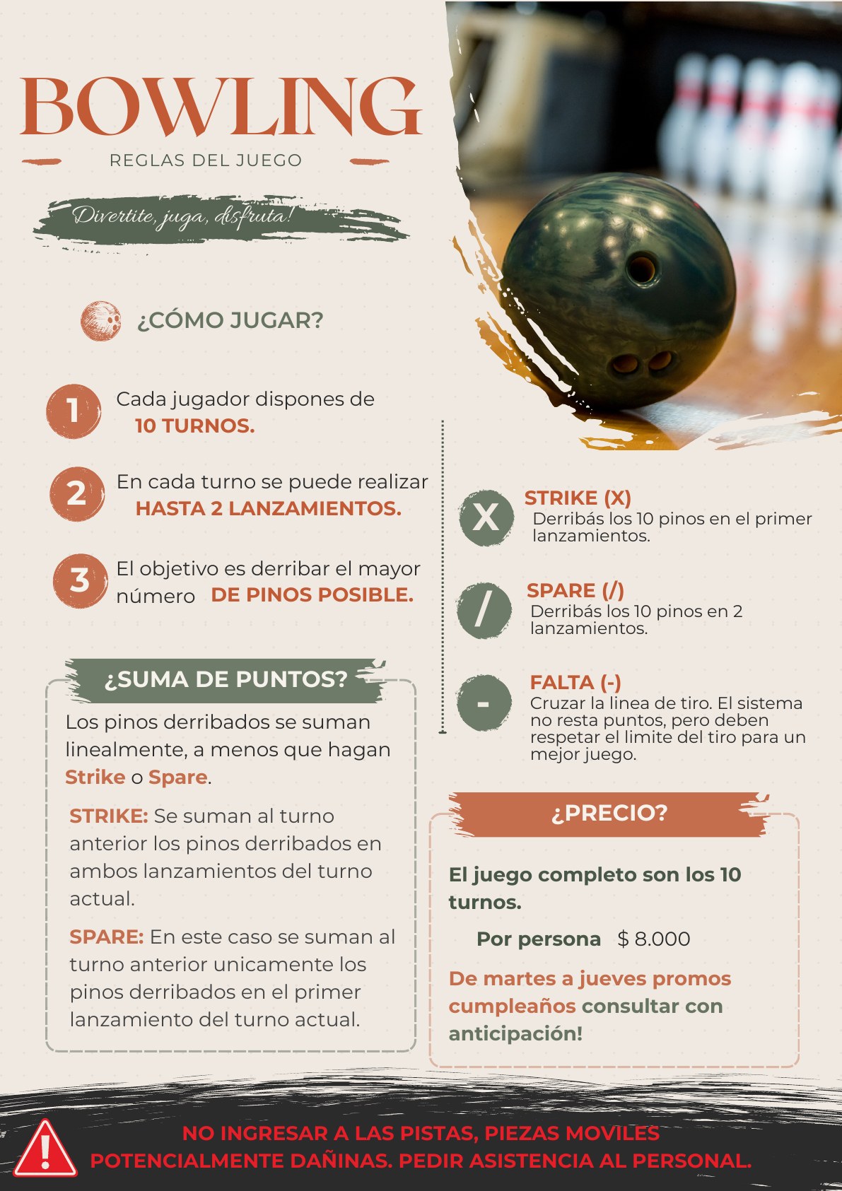 Instructivo con las reglas para jugar al bowling en Ibiza